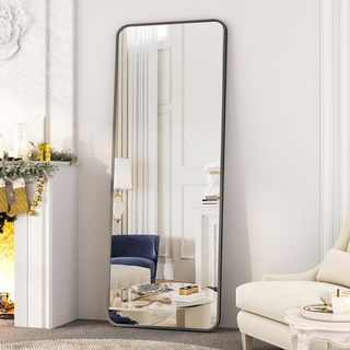 Boromal Ganzkörperspiegel Wand mit Abgerundeten Ecken, Standspiegel 40 x 160 cm Ganzkörperspiegel mit Schwarz Metallrahmen HD großer Spiegel Wandspiegel für Schlafzimmer, Wohnzimmer, Badezimmer