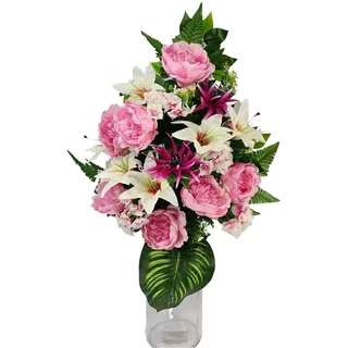 DRW Künstliche Blumenzentrum für Friedhof, Kirchen, Hochzeit, Blumenzentrum für die Heiligen, Rosa und Weiß (Vase 65 x 40 cm)