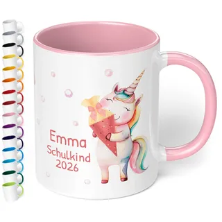 Geschenk zum Schulanfang für Mädchen: Tasse „Schulkind 2026“ - Motiv: EINHORN Schultüte - personalisiert mit Namen - Einschulung Schulanfänger 1. Klasse, Keramik, ca. 330ml, Rosa
