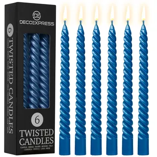 DECO EXPRESS Stabkerzen Set, 6er Packung, Tropffreie Gedrehte Bunte Kerzen, 6 Stunden Brenndauer Unparfümiert, Schlafzimmer Deko Geschenke für Valentinstag und Muttertag (Metallic-Blau, 6er-Pack)