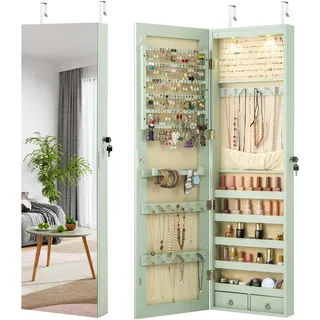 RELAX4LIFE Schmuckschrank Hängend, Spiegelschrank mit LED-Beleuchtung & Spiegel & Schloß, Schmuckorganizer für Ohrring & Armband & Kette & Ring & Kosmetik, Tür- & Wandmontage, 120 x 35,5 x 10cm (Grün)
