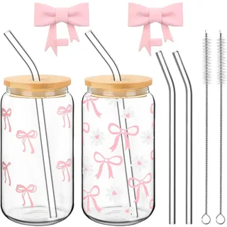 Cosmeria Glas Mit Deckel Und Strohhalm Set, 2 Borosilikatglas Mit Schleife, Inklusive 2 Glasstrohhalme Und Silikonabdeckungen, Clean Girl Aesthetic Stuff