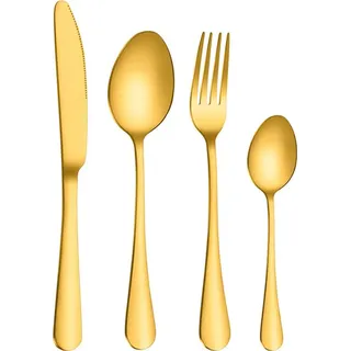 Besteck Set, 4-teilig Besteck, Besteckset inkl. Messer, Gabel, Löffel, Besteck Edelstahl, Spülmaschinengeeignet, Gold - Gold
