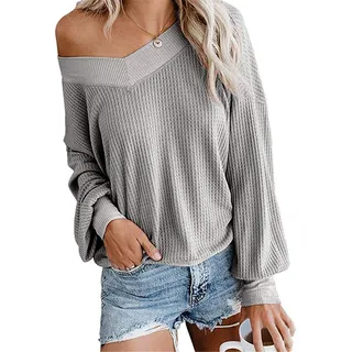 Dreamskull Damen Frauen Pullover Blusen Shirt Longpulli Oberteile Longshirt Bluse Long Locker Elegant Langarm Schulterfrei Tunika Party Stretch Tops T-Shirt - S