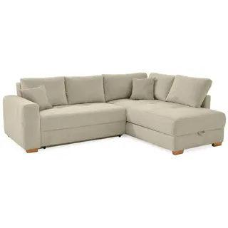 luma-home Dauerschlaf-Ecksofa 257x206 cm mit Federkern, Bettkasten, Ottomane beidseitig montierbar, Cord Beige Grau / 15212