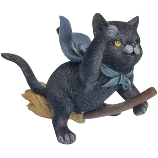 Dekofigur Katze auf Besen 16 x 21,5 cm dunkelgrau/blau