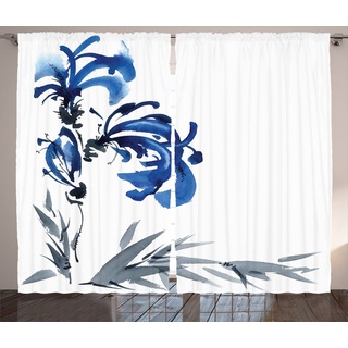 Gardine Schlafzimmer Kräuselband Vorhang mit Schlaufen und Haken, Abakuhaus, orientalisch Brushstroke Kunstwerk blau|grau 280 cm x 175 cm