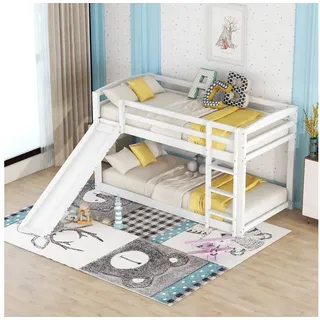 MODFU Etagenbett Kinderbett mit sicherem Geländer (90x200cm, Hochbett, Gästebett, Stockbett), aus Massivholz Kiefer und MDF weiß