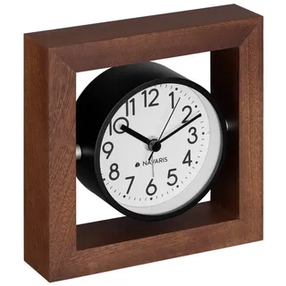 Navaris Analog Holz Tischuhr Quadrat Design - 13,2 x 13,2 x 4,3cm - analoge Uhr ohne Ticken weißes Ziffernblatt - Vintage Zeiger Holzuhr Dunkelbraun
