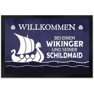 speecheese Willkommen bei einem Wikinger und Seiner Schildmaid Fußmatte XL in 40x60 cm mit Segelboot Motiv Als Geschenk zur Hochzeit für Paare Nordmänner Vikings