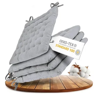 Gräfenstayn Stuhlkissen 4er-Set in 40x40cm und 5cm dicker Polsterung aus 100% Baumwolle, robustes Sitzkissen für Indoor & Outdoor, mit Haltebändern grau