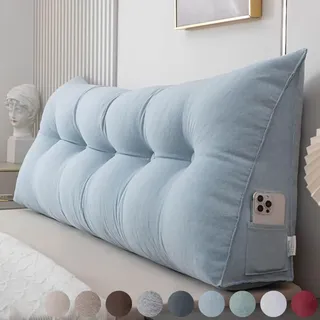 Rückenkissen Bett 60cm Blau, Leinen Rückenlehne Kissen, Keilkissen Bett kopfteil, Waschbar Abnehmbar Lesekissen für Bett und Sofa, Rückenstützkissen Lendenkissen mit Seitentasche