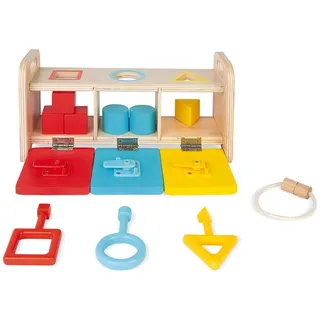 Janod - Essentiel - Der Schlüsselkasten - 2-in-1 Lernspiel aus Holz Babys und Kleinkinder - Erlernen von Formen und Farben und Feinmotorik - Farbe auf Wasserbasis - Ab 18 Monaten, J05065