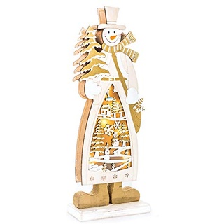 EUROCINSA Schneemann aus Holz mit Lichtern (ohne Batterien) mit natürlichen Weihnachtsmotiven, Gold 12 x 32 cm 2 Stück, weiß/Gold, Einheitsgröße