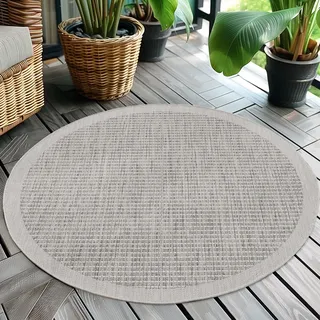 Teppium Modern Outdoor Teppich Wetterfest 200 cm Rund Grau- Flachgewebe Sisaloptik Balkon Teppich Wasserfest - Waschbarer Teppich für Garten, Terrasse, Camping und Küche