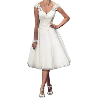 YASIOU Hochzeitskleid Damen Kurz Vintage Knielang weiß Spitze Tüll Glitzer Standesamt Sexy V-Ausschnitt Brautkleid - 44 Große Größen