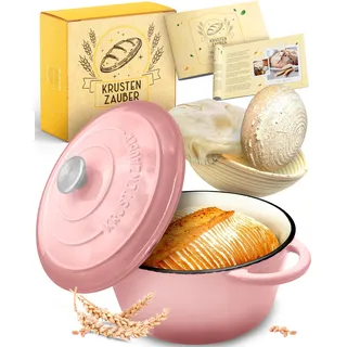 KRUSTENZAUBER Gusseisen Topf Brot Backen für ein gelungenes Brot zu Hause | Sicherer Einstieg mittels Brotbacktopf und Gärkorb für knuspriges Brot, Brotbackform mit Deckel, Brotbackzubehör & Anleitung