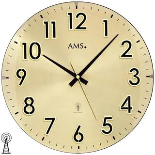 AMS 5974 Wanduhr Funk Funkwanduhr Analog Messing Farben Golden mit Glas