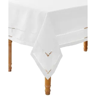 Violet Linen Hem Stitch Embroidered Vintage Design Oblong/Rectangle Tablecloth, 68" X 108", White