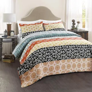 Lush Decor Wende-Bettwäsche-Set aus Baumwolle, Bohemian-Streifen, 3-teilig, Doppelbettgröße, Türkis und Orange gestreift, Blaue Steppdecken, Queen-Size-Größe, Boho-Dekor