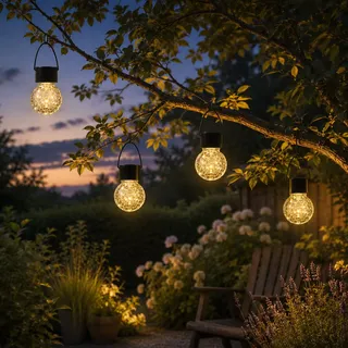 LED Solar Hängeleuchten CRACKLE für Außen 4 Stück Solarleuchte in Bruchglas-Optik Kugelleuchte outdoor Gartenleuchte runde Mini Hängelampe H: 9cm (4)