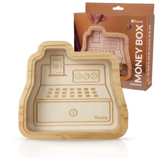 Fisura – Kinder-Spardose aus Holz in Form Einer Registrierkasse. Originelle transparente Spardose für Münzen und Scheine. Holz und Acrylglas. 19 cm x 17,5 cm, Kasse