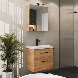Planetmöbel Badmöbel Set Waschtisch mit Unterschrank 63 x 60 x 36,5 cm, Spiegelschrank 60 cm mit LED-Leuchte (schwarz matt) & Steckdose, Moderne Badezimmer Möbel, Gold Eiche