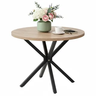 GrandCA HOME 100 cm esstisch rund,Großer esstisch,Geeignet für 4-6 Personen,MDF-Platte/Metallbeine aus Eisen,Geeignet für Küche, Esszimmer, Café, Wohnzimmer (Helle Holzmaserung)