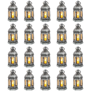 Romadedi 20er Set Mini Laterne Deko Silber - Tischdeko kleine Laterne zum Aufhängen, mit LED Kerzen für Halloween, Ramadan, Garten, Weihnachten, Hochzeit, Balkon