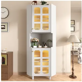 Celya Eckvitrine Eck-Schrank mit Lackschicht & LED-Beleuchtung (MDF-Platte mit weißer Lackoberfläche, für Wohnzimmer, Bücherregal, Badezimmer, Schlafzimmer, Esszimmer) Multifunktionale Ecken-Kommode weiß