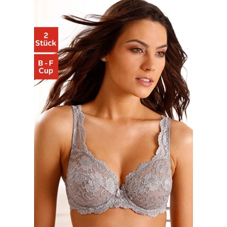 Bügel-BH PETITE FLEUR Gr. 90, Cup F, grau (steingrau, weiß) Damen BHs BH BH-Set Bügel-BH Dirndl-BH Spitzen-BH Spitzenwäsche Trachtenwäsche aus Spitze, Dessous