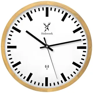 Holzwerk Germany Natur Funkwanduhr Funk Wanduhr Holz-Uhr Retro Vintage Funkuhr lautloses Uhrwerk ohne Tickgeräusche Braun Weiß Massive Buche lautlos aus handgefertigtem Massivholz Natur Holz 30 cm