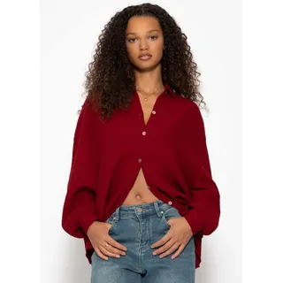 SASSYCLASSY Longbluse Oversize Musselin Bluse Damen kurz Langarm Elegant Hemdbluse lang aus Baumwolle mit V-Ausschnitt, One Size (Gr. 36-48) rot|weiß