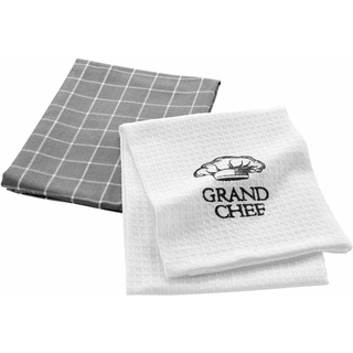 douceur d'intérieur Grand Chef 2 Geschirrtücher (50 x 70 cm), gewebte Baumwolle/Wabenmuster, Bestickt