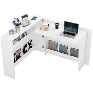 Faltbarer Schreibtisch mit Rollen+Wireless Charger,2 in 1 Sideboard/Arbeitsplatz,115×27×93 cm geschlossen,mit Regal+Anti-Kipp,Rollen mit Bremse
