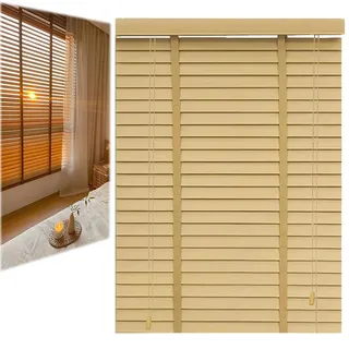 Nach Maß Echtholz Jalousien Holzjalousie Innen Verdunkelung Massivholz Holzrollo die Sichtschutz 35 45 60 70 90 100 120 130 150 165 180cm Zuschnitt Einfache Montage(Beige)