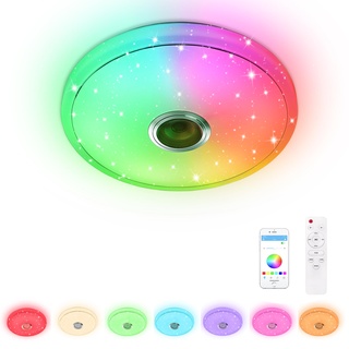 XMTECH 48W LED Deckenleuchte Dimmbar mit Bluetooth Lautsprecher, mit Fernbedienung oder APP-Steuerung, Sternenhimmel Ø40CM, Musik RGB Hintergrundbeleuchtung Farbwechsel für Wohnzimmer Kinderzimmer