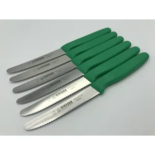 Giesser Messer - Made in Germany - 6er Set Brötchenmesser Tomatenmesser Küchenmesser Allzweckmesser Universalmesser Gemüsemesser 3mm Wellenschliff Klingenlänge 11cm (Grün)