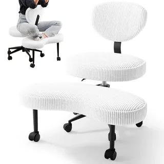 HOMRELEXA Bürostuhl mit Kreuzbeinen, 360° drehbar, Ergonomischer Kniestuhl, Criss Cross Schreibtischstuhl mit Verstellbarer Höhe, ADHS-Meditationsstuhl mit Rückenstütze, Cordstoff, Weiß