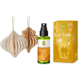 PRIMAVERA Geschenkset Viel Freude – Gute Laune Raumspray bio & 2 Dekoanhänger – Fruchtig-zitrusartiger Duft für eine zauberhaft vergnügte Stimmung - 100% naturreine ätherische Öle - vegan