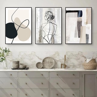 Herfair Bilder Wohnzimmer 3er Set Abstrakt Line Geometrie Wandbilder Poster Schlafzimmer Einfachheit Kunstposter Leinwandbilder Ohne Rahmen (40 x 50 cm)