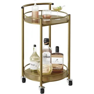 Garden 4 you 2-stöckiger Küchenwagen,Servierwagen, Allzweckwagen Rollende,Runder Barwagen,Lagerwagen mit Griff, Multifunktional Servierwagen Roll Regal für Büro, Wohnzimmer, Küche, Gold