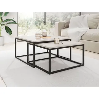 WFL GROUP Rechteckige Quadratische Satztische Couchtische mit Schwarz Gestell - Loft Style Couchtische Metallbeine - 2 in 1 - Zwei Industrielle Getrennte Tische für Wohnzimmer - Marmor Weiß