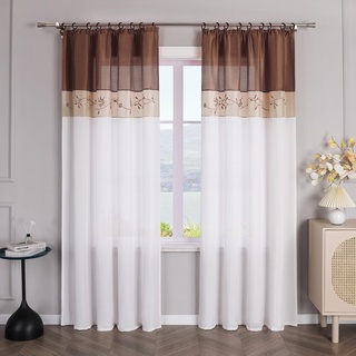SCHOAL Gardinen mit Kräuselband Halbtransparente Vorhänge Weiß Gardinenschal Fensterschal Landhaus Dekoschals Wohnzimmer Bestickt 1 Stück BxH 140x225cm Braun