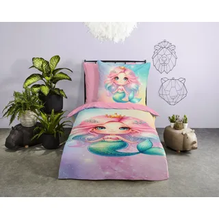PURE luxury collection Kinderbettwäsche Zia, Microfaser, 2 teilig, Mikrofaser, 135x200, 2 Teilig, Wendeoptik, Mädchen, Meerjungfrau bunt|rosa