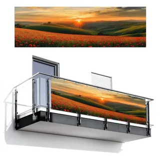 MuchoWow Balkonsichtschutz Mohnblumen - Blumen - Hügel - Sonnenuntergang (1-St) Gartensichtschutz, Balkon Dekoration 90 cm hoch, 300x90 cm 300 cm x 90 cm