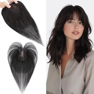 S-noilite Haar Toppers Echthaar Natürliches Schwarz - Toupet für Frauen mit Wispy Pony 100% Echthaar Clip in Haarteile für Dünnes Haar 14 Gramm 27cm