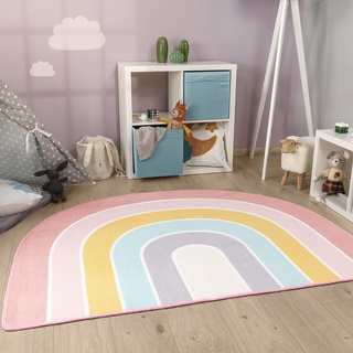 Paco Home Kinderteppich Teppich Kinderzimmer Rund Spielmatte Babymatte Waschbar Bis 30 Grad Sonne Regenbogen Schriftzug Motiv, Grösse:120x160 cm Regenbogen-Form, Farbe: Rosa Blau Gelb