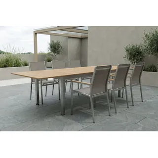 STERN Cardiff Garten-Essgruppe, silber/taupe, Edelstahl/Teak, Tisch 200/300 x 100 cm, 6 Stapelsessel, FSC®-zertifiziertes Produkt