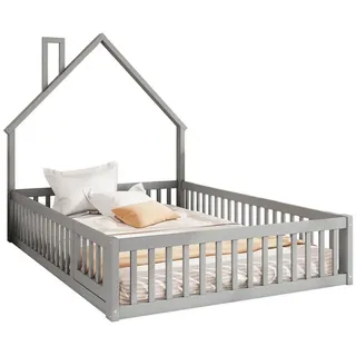 OKWISH Kinderbett Minimalistisches Hausbett für Kinder, Jugendbett Gästebett Doppelbett (mit Schornsteinform und Lattenrost, aus Kiefernholz, 140x200 cm), ohne Matratze grau